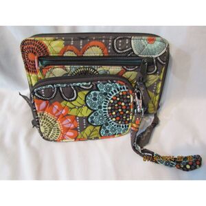 VERA BRADLEY WRISTLET WALLET PURSE WITH MATCHING CHANGE PURSE BROWN FLORAL